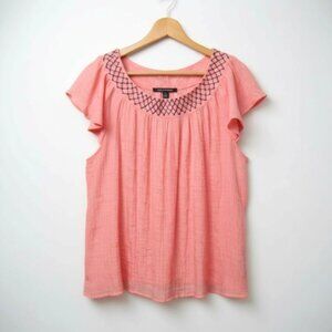 Zac & Rachel Peach Blue Embroidered Neck Gauze Top Womens Size XL Flutter Sleeve